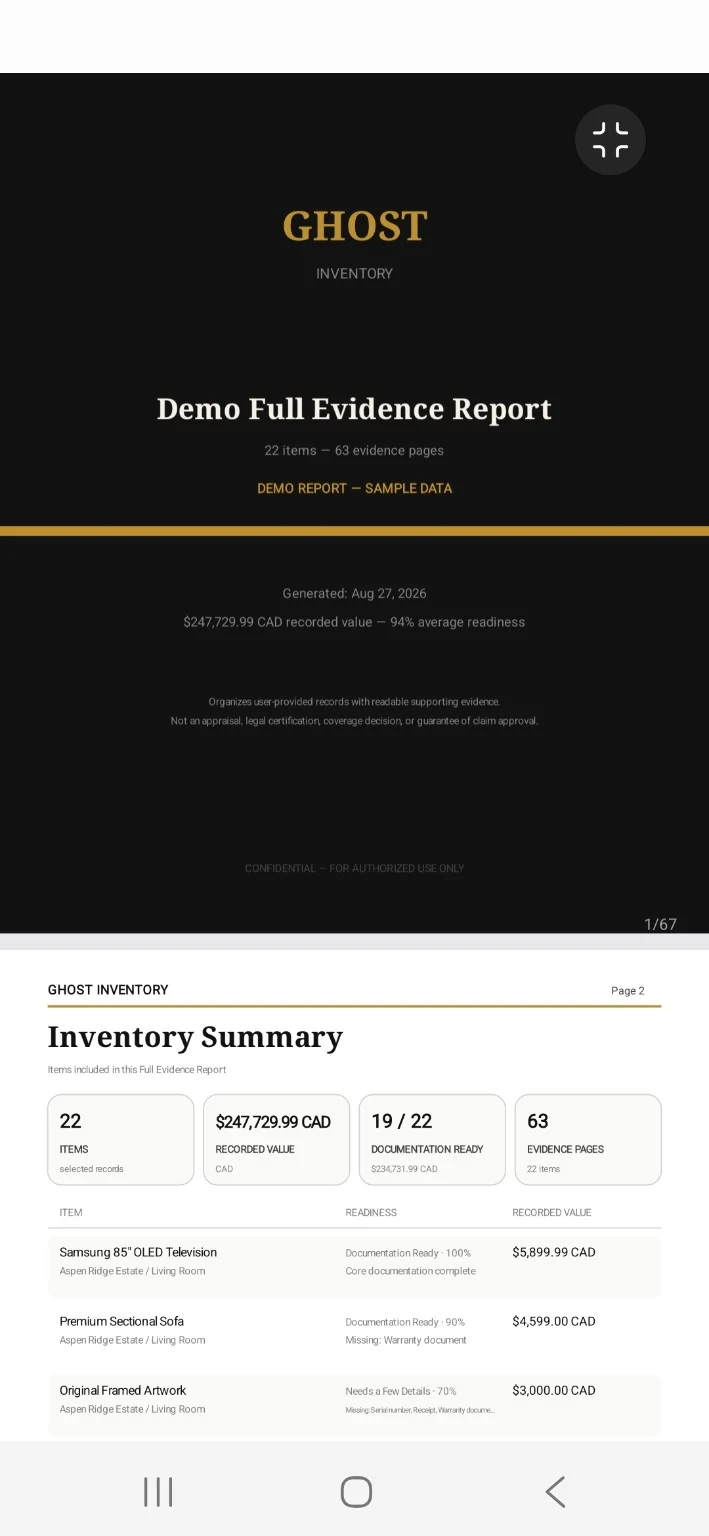 Ghost Inventory full evidence report with inventory summary and documented values