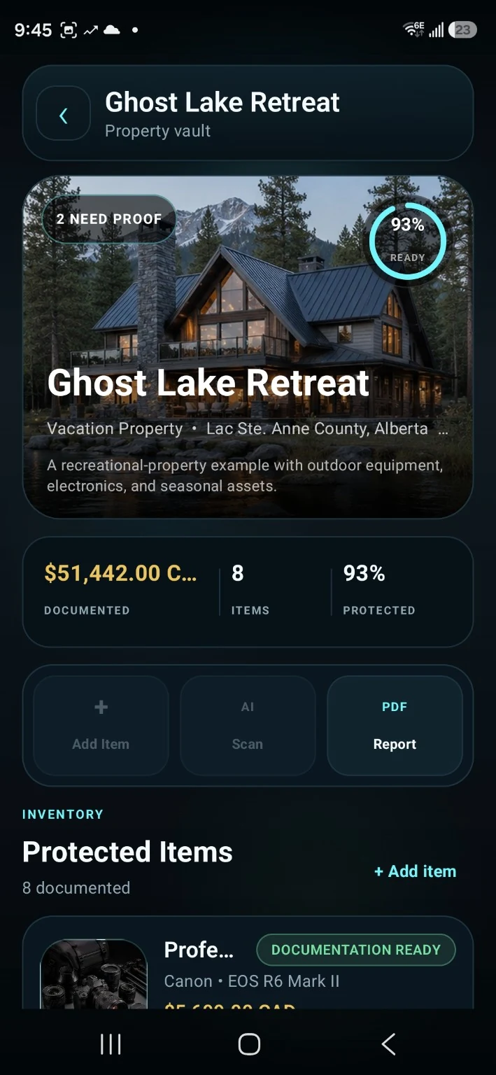 Ghost Inventory property vault showing Ghost Lake Retreat, documented value, protection readiness and protected items