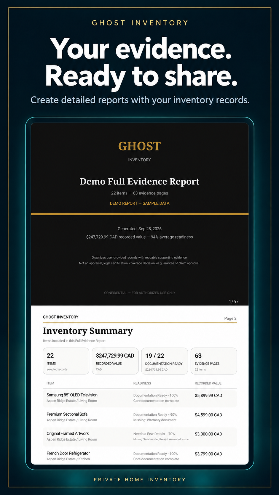 Ghost Inventory: Evidence reports. Present your saved records in an organized report.