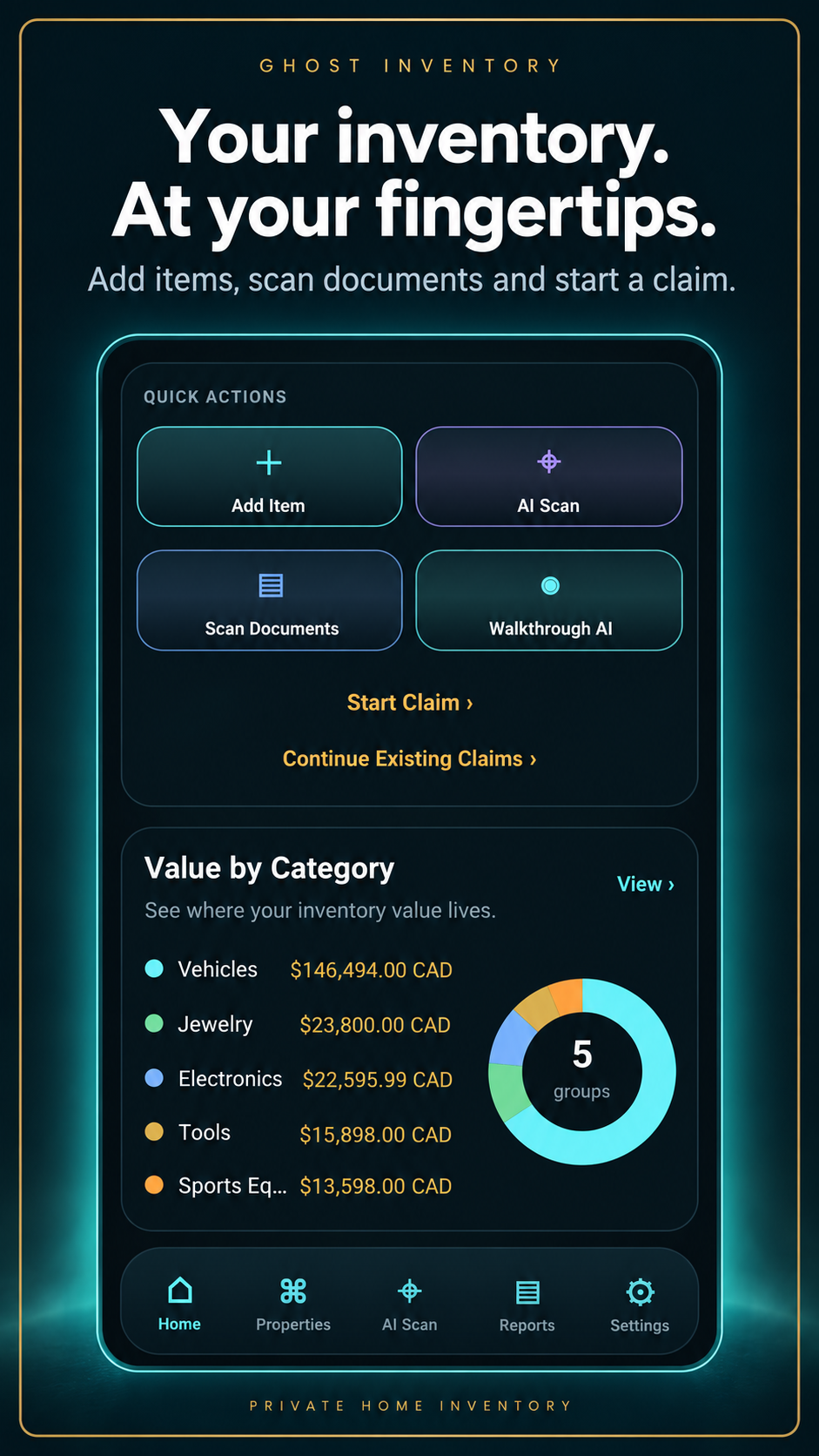 Ghost Inventory: Everyday tools. Add items, scan documents and organize claims.