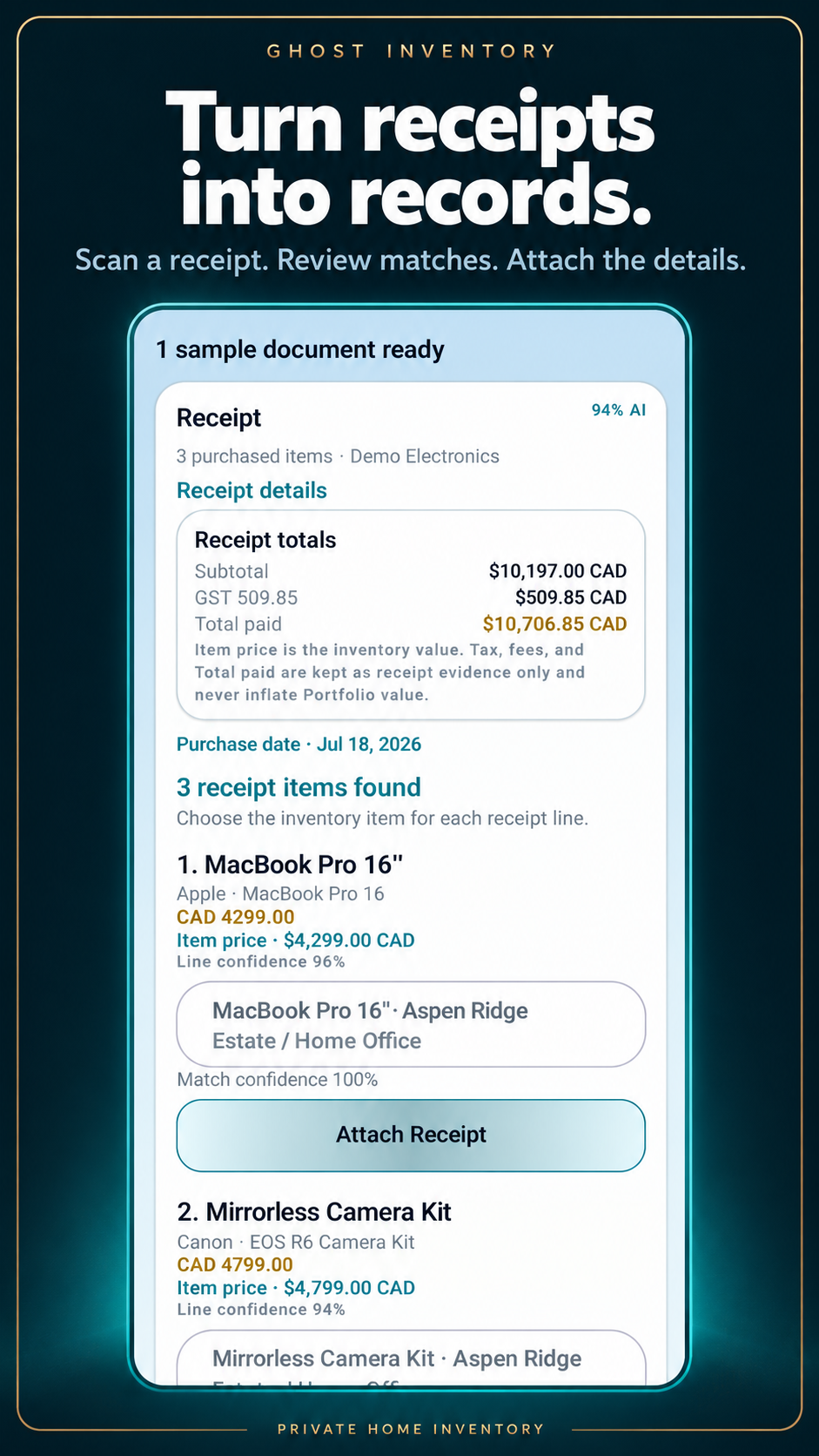 Ghost Inventory: Receipt matching. Review receipt line items and attach them to your inventory.